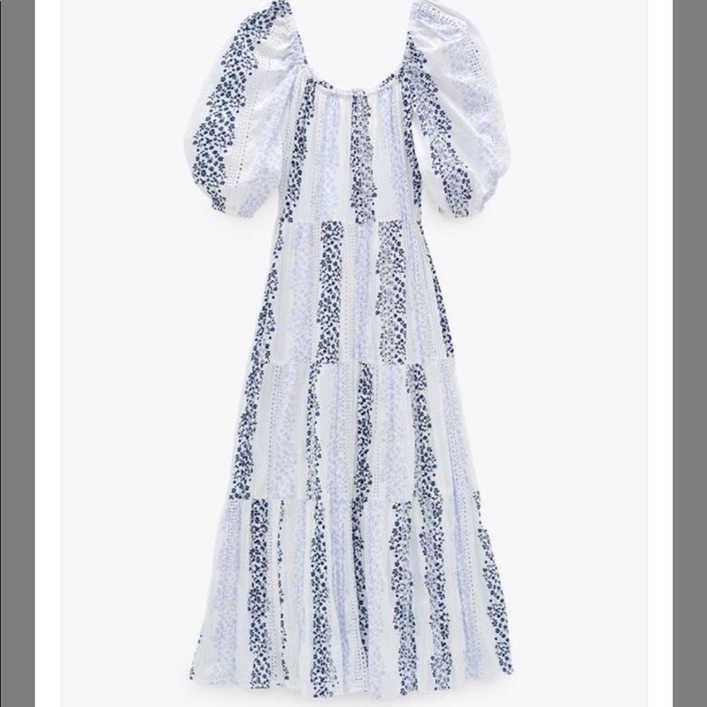 Zara embroidered puff sleeve maxi
